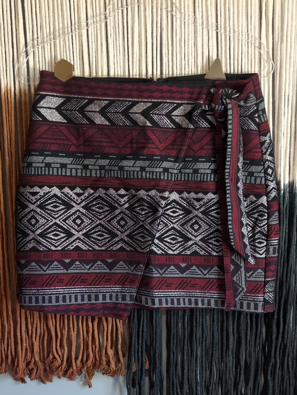 Express Maroon and Black Aztec Wrap Skirt Mini